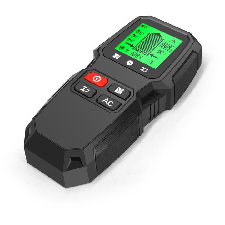 Detector de perete 5-in-1, scanner de perete, detecteaza lemn, metal si cabluri, ecran LCD retroiluminat cu avertizare sonora, adancime detectie lemn 38 mm / metal 80 mm / AC 51 mm, negru, 1 buc
