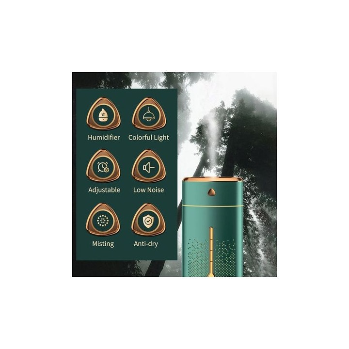 Párásító / diffúzor, 7 színű LED világítással, felültöltős (top-fill), USB tápellátás, csendes, Fehér/Zöld, 1000 ml