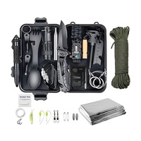 Kit unelte de supravietuire 18 in 1 NEXTLY, cutie compacta din plastic dur, cutit utilitar, lanterna, fluier, busola, bratara paracord, fierastrau cu fir, folie termica, accesorii camping, drumetii si auto, negru