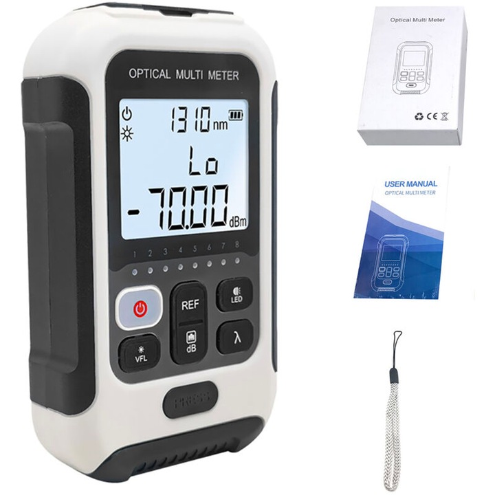 Wattmetru pentru fibra optica, metru de putere multifunctional Optical Multi Meter, masoara 10 lungimi de unda, gama -70 pana +10 dBm, conector universal SC/FC/ST, alb, 1 buc