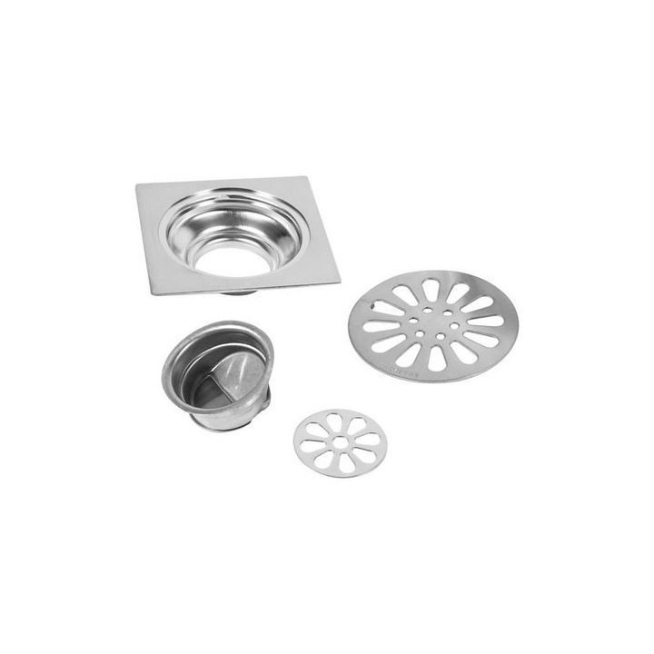 Sifon pardoseala / capac scurgere Tip 3, inox 304, cu filtru anti-par si anti-miros, demontabil pentru curatare usoara, argintiu, 100x100x34 mm, 1 buc