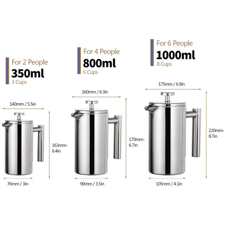 Cafetiera french press / presa franceza din otel inoxidabil 304, izolatie dublu-perete, filtru fin din inox, maner ergonomic, argintiu, 800 ml