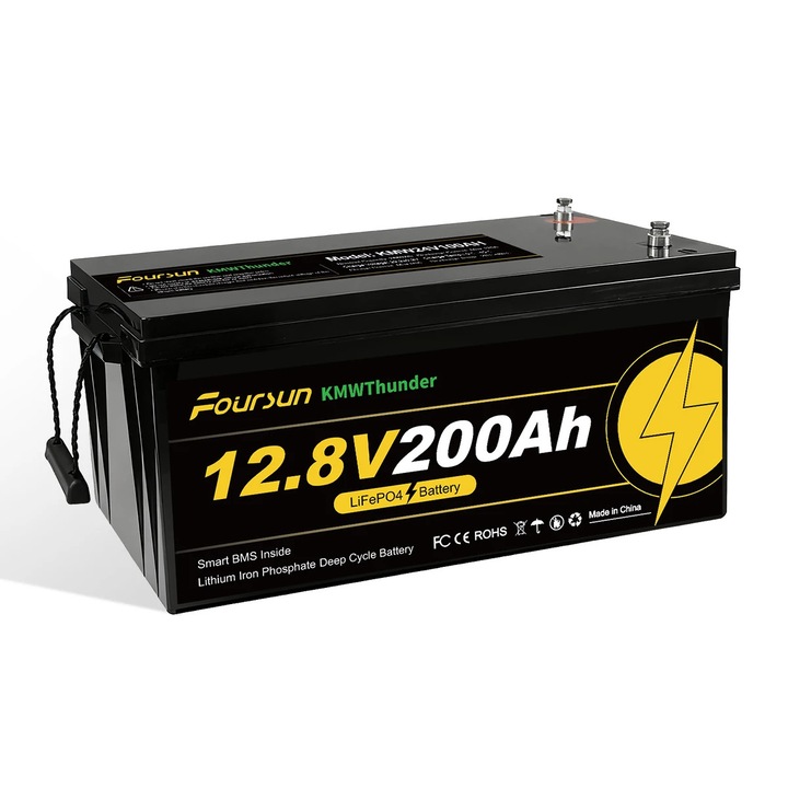 Baterie LiFePO4, 12V 200Ah, BMS pentru temperaturi scazute, 4500+ cicluri, Pentru autorulota/solar/camping, Fara incarcator, Pol pozitiv stanga, Auriu
