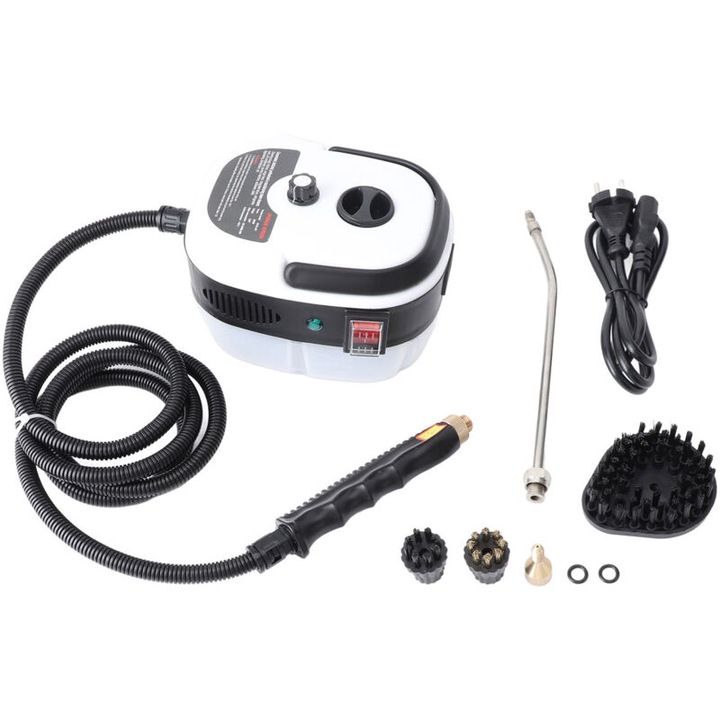 Curatator cu aburi 2500W portabil, 220V EU, presiune 3 bar, incalzire rapida 10s, rezervor 1L, include 4 perii si accesorii, Alb, 1 buc