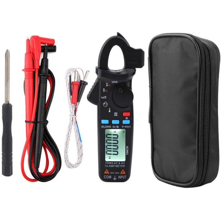Multimetru de clema / tester de curent ACM91, valoare eficace reala (True RMS), 6000 de conturi, functie impedanta joasa (LoZ), masurare AC/DC pana la 100A, temperatura -20~500°C, max falca 20 mm, include sonde si termocuplu, Negru, 1 buc