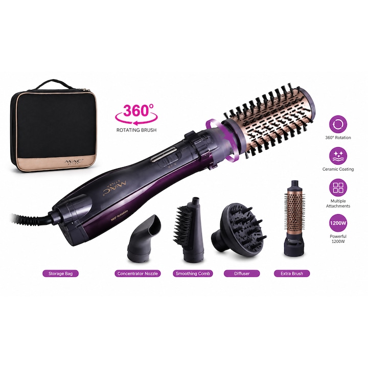Perie rotativa MAC 5 in 1 – Uscator de par profesional cu perie rotativa 360°, ceramic si ionic, rezistent la utilizari indelungate, cu cap de indreptare, perii cu peri naturali, difuzor de volum, duza de aer si geanta de depozitare
