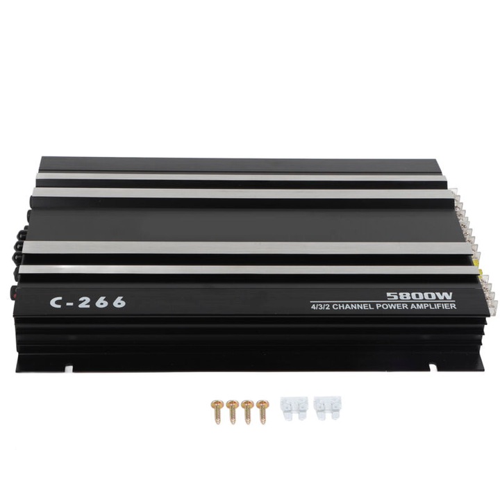 Autóerősítő C-266 5800W, alumíniumötvözet teljesítményerősítő, 12V, Hi-Fi sztereó passzív mélynyomóhoz, Impedancia 2Ω-4Ω, Fekete, 1 db