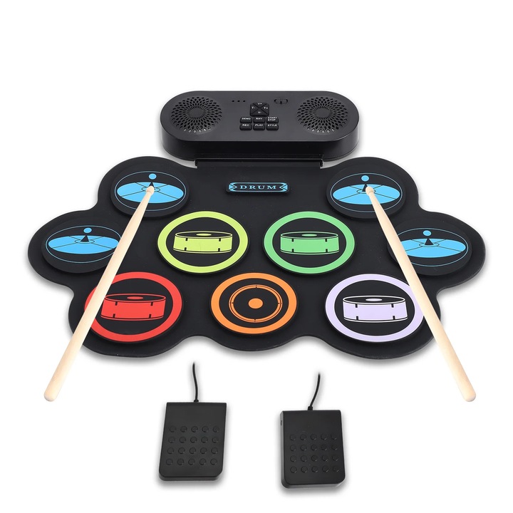 Elektronikus dobfelszerelés, 9 pad, dupla sztereó hangszóró, pedálok és dobverők, Bluetooth/MIDI/fejhallgató, gyerekeknek és kezdőknek, fekete