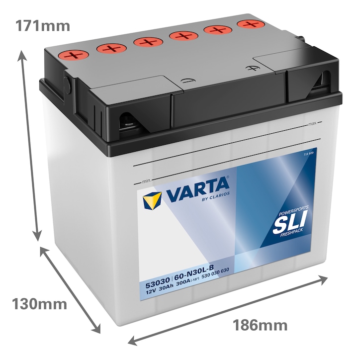 Baterie Moto 12V 30Ah Varta Powersports SLI Freshpack 60-N30L-B / 53030 / 530030030, cu borna plus in dreapta