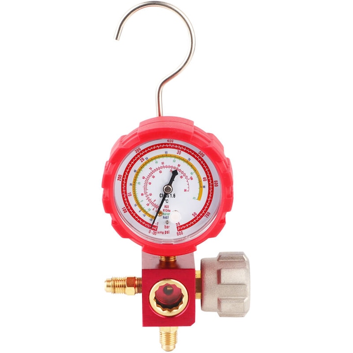 Légkondicionáló manifold nyomásmérő, szerviznyomásmérő, sárgaréz csatlakozó G1/4 menettel, kompatibilis R22/R410A/R134A/R407C, nyomástartomány -30~800 psi, 68 mm, piros, 1 db