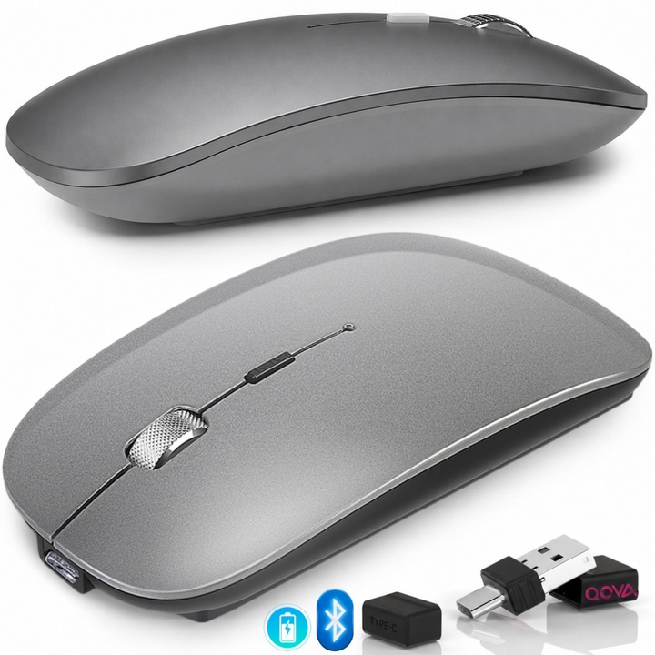 Mouse Wireless Reincarcabil QOVA®, Dual Mode Bluetooth 5.1 + 2.4GHz, Reincarcabil USB-C, Click Silentios, DPI Reglabil 800/1200/1600, Conectare la 3 Dispozitive, Compatibil Windows/Mac/iPad/Android, Ergonomic si Portabil, Fara fir, Gri inchis