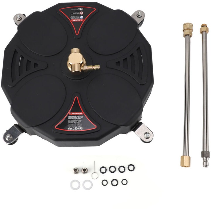 Felülettisztító magasnyomású mosóhoz, 13 hüvelyk (33 cm), rozsdamentes acél/sárgaréz/ABS, 4 kerékkel, 2500 PSI, 1/4 hüvelykes gyorscsatlakozó, fekete, 1 db