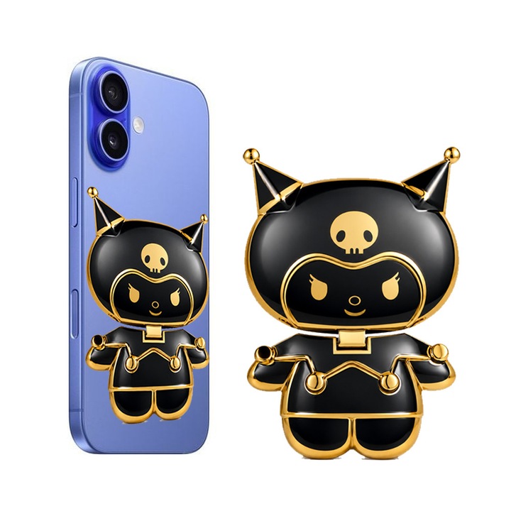 Univerzális Telefontartó, FONIX Kawaii 3D Állvány, Összecsukható, Pop-Art Stílusú Figura Design Arany Szegéllyel, Biztonságos Ragasztós Rögzítés, Asztali Állvány Funkció, Filmek Nézéséhez és Videóhívásokhoz, Fekete