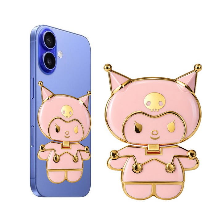 Univerzális Telefontartó, FONIX Kawaii 3D Állvány, Összecsukható, Pop-Art Stílusú Figura Design Arany Szegéllyel, Biztonságos Ragasztós Rögzítés, Asztali Állvány Funkció, Filmek Nézéséhez és Videóhívásokhoz, Rózsaszín