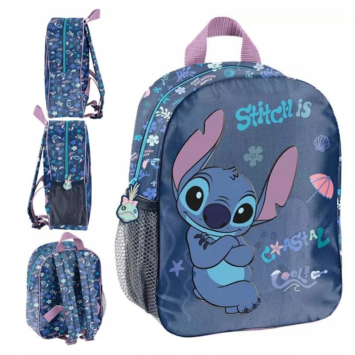 Раница за детска градина, Paso, Stitch Coastal Cool 3D, Устойчив полиестерен материал, Ниско тегло 200 G, Удобни регулируеми презрамки, Страничен мрежест джоб, 28x22x10 см, Син