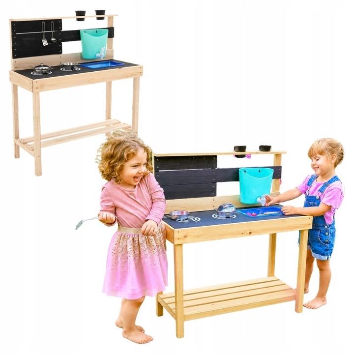 Fából készült konyhai készlet gyerekeknek, Tp Toys, Klasszikus, FSC tanúsítvánnyal rendelkező tartós fa, Minimum életkor 3 év, Tartozékok mellékelve: acél edények, mosogató csaptelep víztartállyal, 75x33.5x85.7 cm, Többszínű, 11 kiegészítő