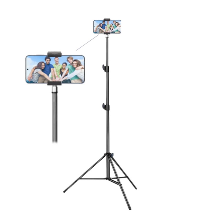 Állítható telefonállvány 200 cm alumíniumból, okostelefon tartó automata rugós rögzítéssel, maximális nyitás 9 cm, stabil állvány vlogoláshoz, streameléshez és fotózáshoz