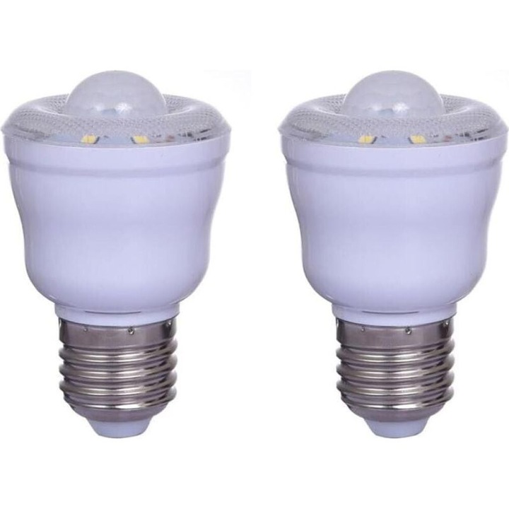 Set 2 bucati, Bec LED cu senzor PIR E27, 2W, Alb cald 3000K, Iluminare de noapte cu pornire automata, Distanta detectie 5 m, Unghi detectie 100°, AC 220-240V, Nedimabil