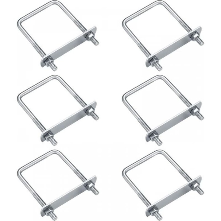 Set 6 bucati, suruburi in U M6 (coliere U), din otel inoxidabil, capacitate mare de incarcare, cu placute, piulite si saibe, argintiu, 80x50 mm