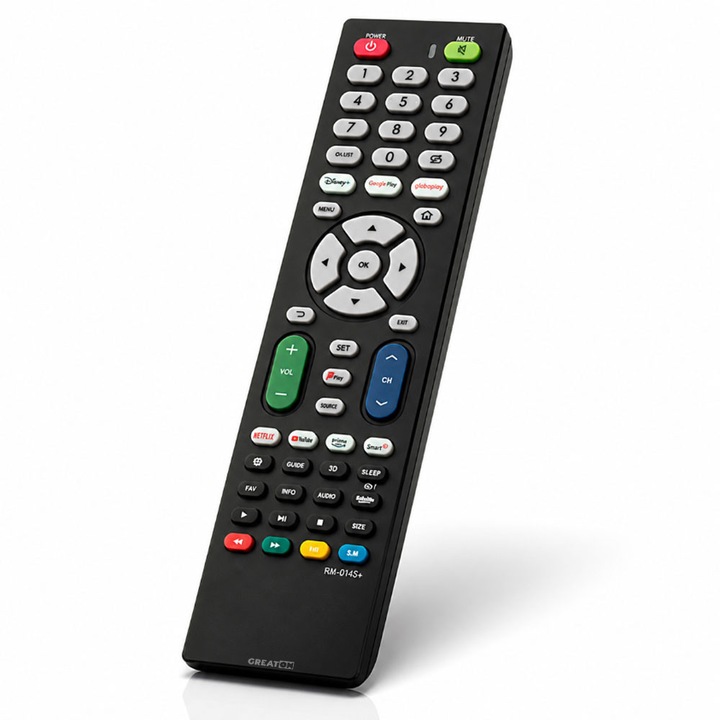 GREATON Távirányító Televízióhoz, Univerzális Kompatibilitás, Smart TV/LCD/LED, Konfiguráció Nélkül, Elemes Működés, RM-014S, Fekete
