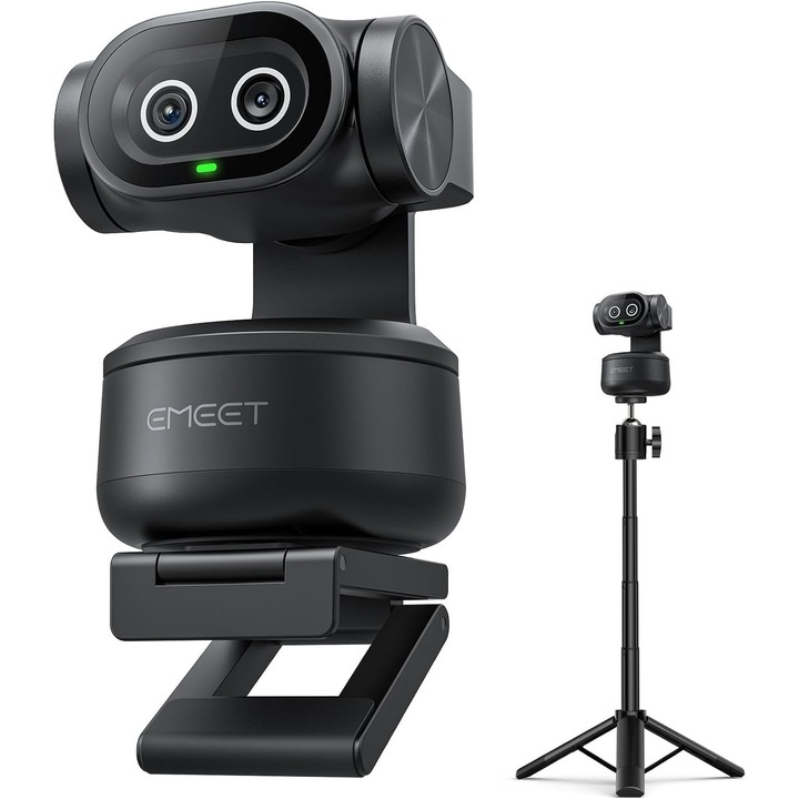 Webcam EMEET PIXY Dual 4K AI PTZ, Senzor Sony 1/2.55", AI Tracking, PDAF Autofocus 0.2s, 3 Microfoane, Tripod Inclus, USB-C, Compatibil OBS/Twitch, Negru