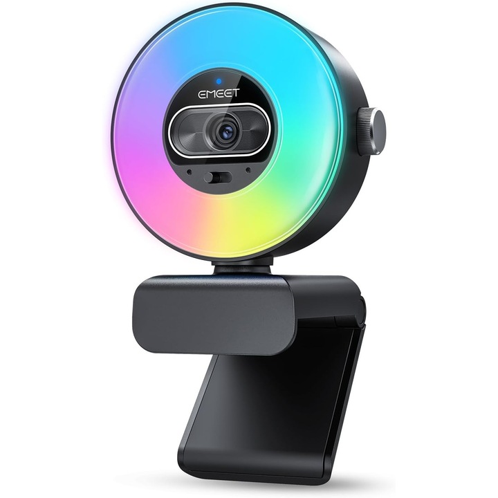 Webcam EMEET S600L 4K cu Ring Light, Senzor 1/2", AI Image Processing, PDAF Autofocus 0.2s, 4 Moduri Lumina, 2 Microfoane, USB-C, Compatibil OBS/Twitch/YouTube/Zoom, Negru