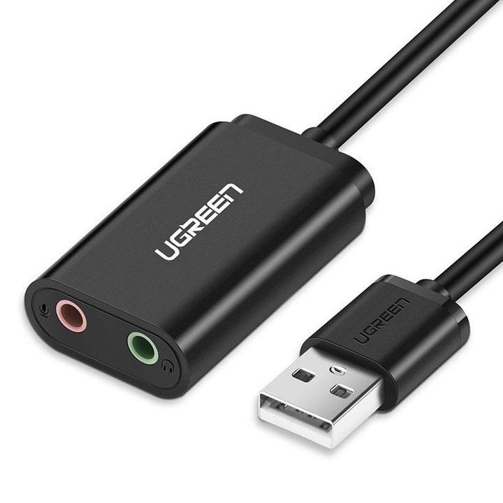 Adaptor audio Ugreen US205, USB la 2x Jack, Plug & Play, Windows, Mac OS, Linux, 15cm, Negru