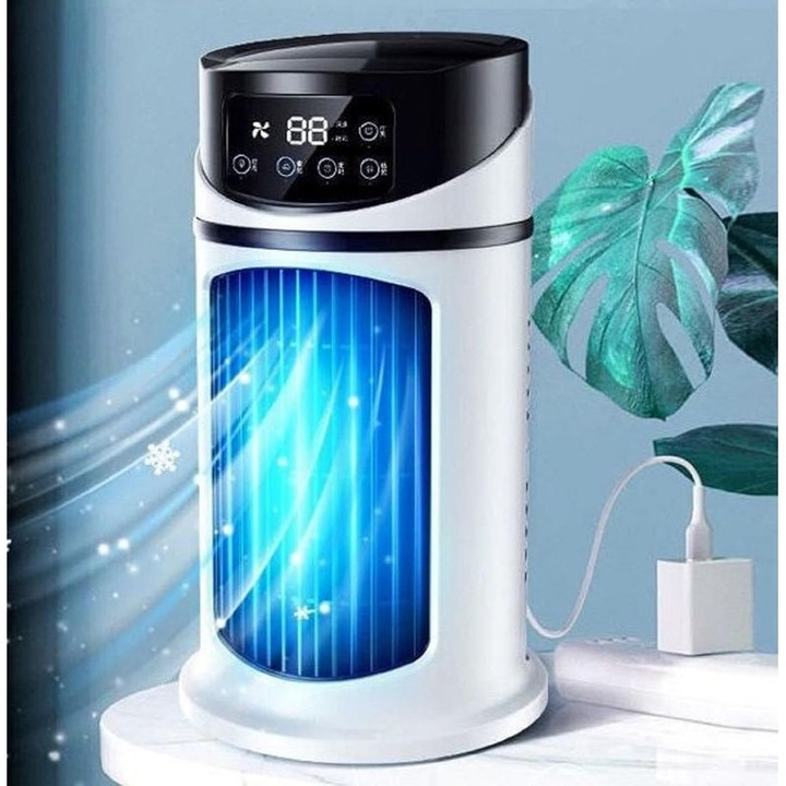 Aer conditionat portabil mini, multifunctional 3 in 1 (ventilator fara pale, racire cu cristale de gheata, purificare si umidificare), alimentare USB 10W, maner din piele, compact 14.5x14.5x23.9 cm, 696 g, Alb/Negru, 1 buc