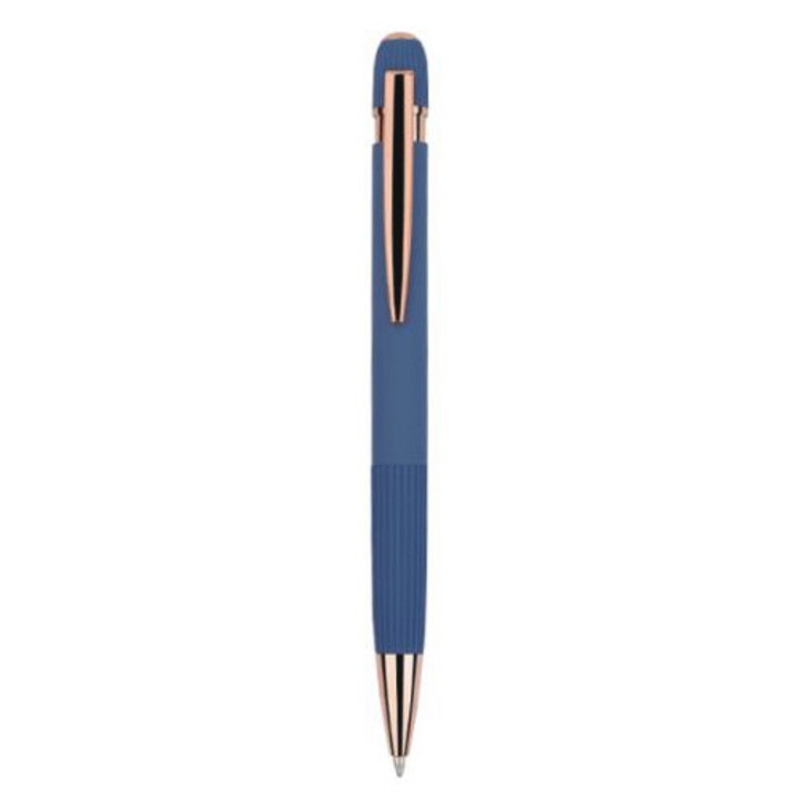 Metál golyóstoll mechanizmussal, kék gumírozott test, rose gold kiegészítők