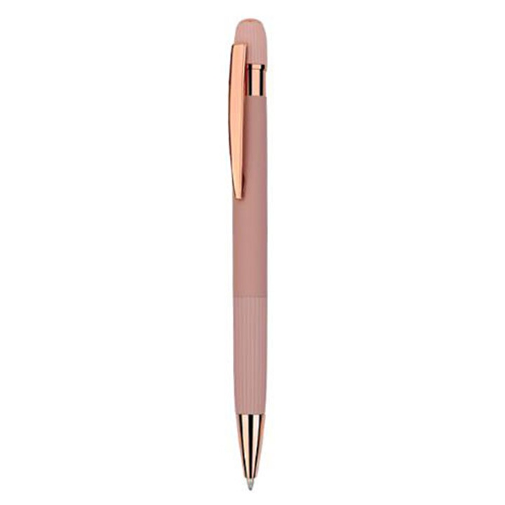 Metál golyóstoll mechanizmussal, rózsaszín gumírozott test, rose gold kiegészítők