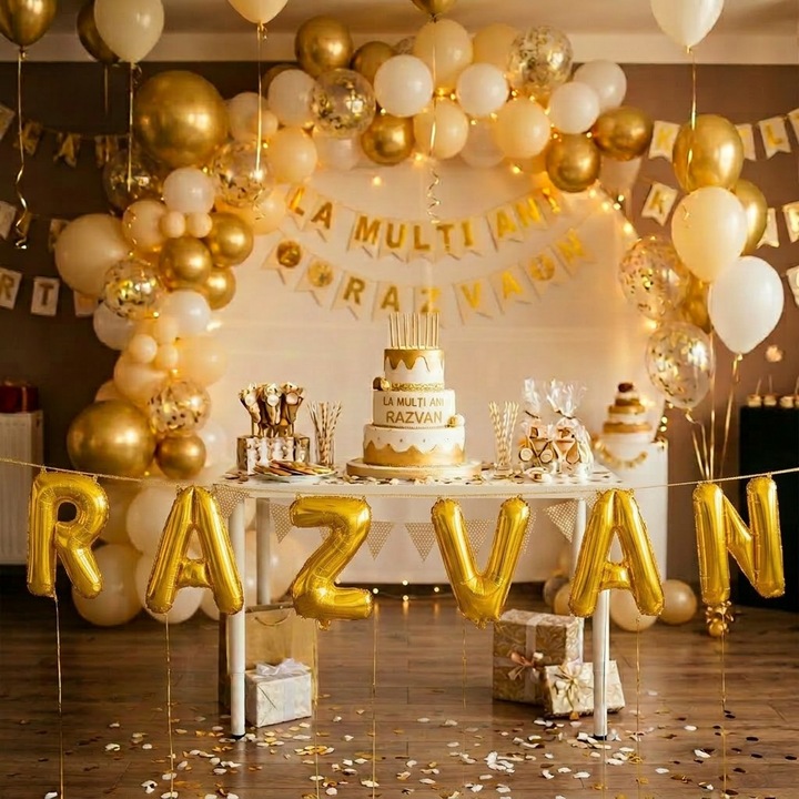 Baloane Folie Metalizate, Set RAZVAN, Heliu sau Aer, Pai inclus, 40 cm, Auriu, Damur