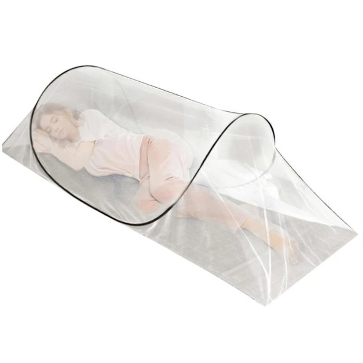 Cort auto-desfasurabil/plasa de tantari din nylon, pliabil, cu fermoar dublu, reglabil pe latime, transparent, 1 buc