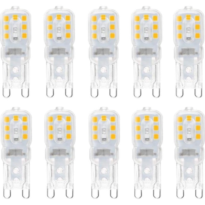 10 darabos készlet, G9 LED izzók, 3W (33W halogénnel egyenértékű), 800 lumen, meleg fehér 3000K, nem szabályozható, 360°-os sugárzási szög