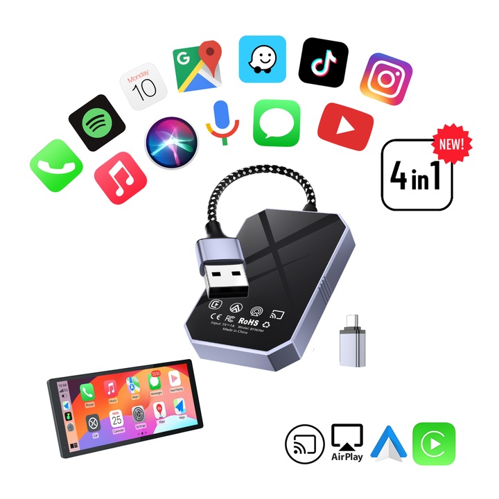 Адаптер за кола безжичен 4в1, BIZAIMO, CarPlay & Android Auto, AirPlay, Screen Mirroring, Bluetooth 5.3, Wifi 5 Ghz, Алуминий + Стъкло, Сив