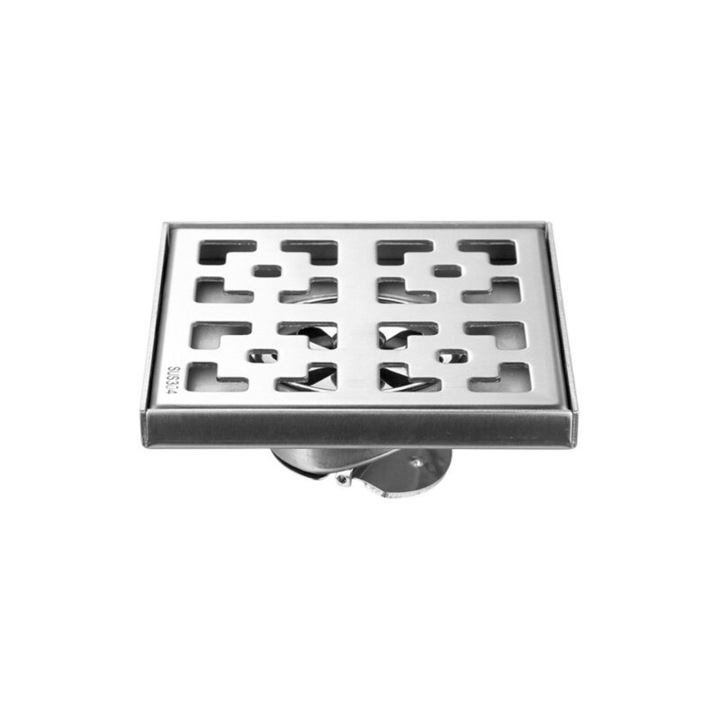 Sifon de pardoseala/grila de scurgere 12 x 12 cm, otel inoxidabil 304, iesire centrala 2 inch, filtru inclus, clapeta anti-insecte, inox, 1 buc