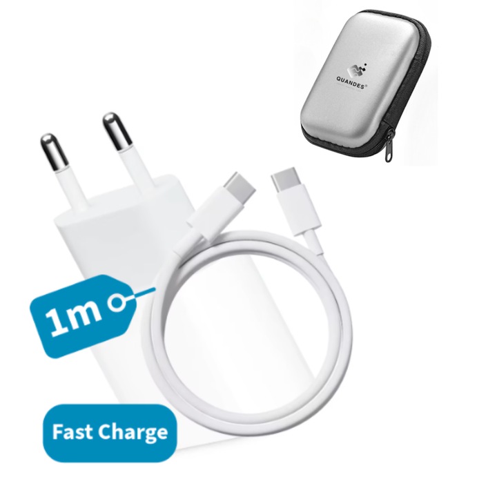 Type C töltő, gyorstöltés 20W, kompatibilis iPhone 17/16/15/Pro/Pro Max/Plus/iPad készülékekkel, Type C adatkábel, Fehér. QUANDES® Tárolótáska