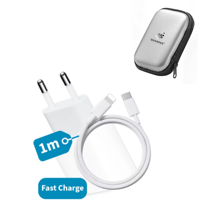 QUANDES Type C töltő, gyorstöltés 20W, kompatibilis iPhone 14/13/12/Pro/Pro Max/Plus/iPad készülékekkel, Type C adatkábel, Fehér, Tárolótáska