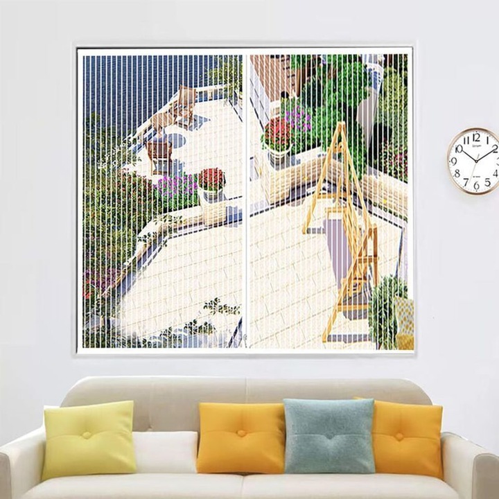 Plasa magnetica anti-tantari pentru usa si fereastra, deschidere automata cu magneti puternici, instalare fara gauri cu banda adeziva, alb, 130 x 150 cm