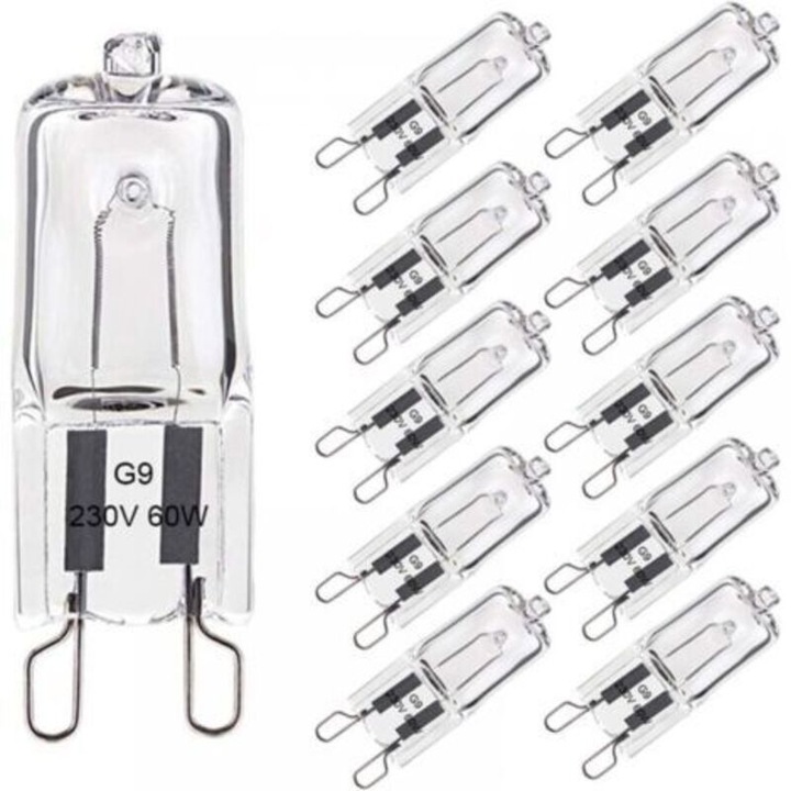 Set 10 bucati, Bec G9 halogen 60W, dimabil, capsula cu filament, corp din sticla, 2800K lumina calda 680 lm, 230V, transparent