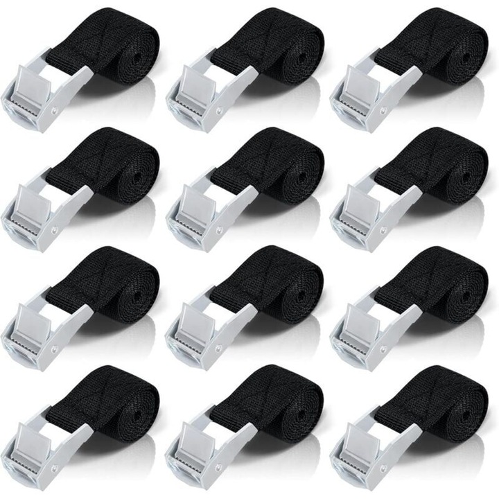 Set 8 bucati chingi de fixare/curele de ancorare cu clichet, din poliester, catarama zincata, capacitate 200 kg, negru, 8 x 1 m