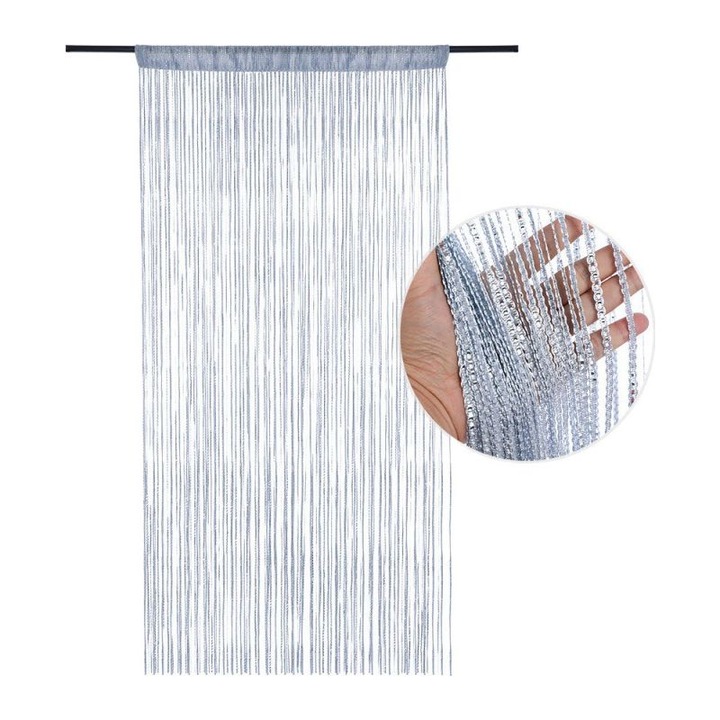 Perdea de usa cu siraguri, perdea despartitoare, din polipropilena, reutilizabila, blocheaza lumina si razele UV, argintiu, 100x200 cm