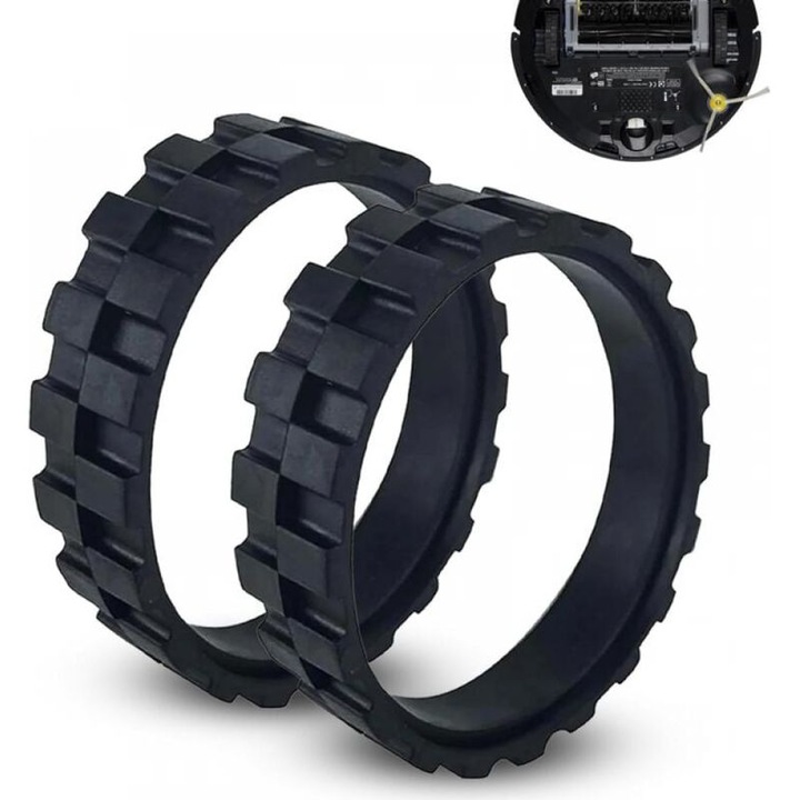 Cauciucuri de inlocuire pentru roti iRobot Roomba, compatibile cu seriile 500/600/700/800/900, e (E5/E6), i (i7/i7+), S (S9/S9+), cauciuc antiderapant cu aderenta ridicata, montare usoara, negru, 2 bucati