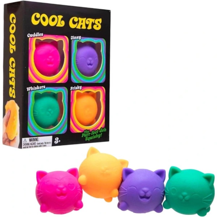 Комплект от 4 броя, Антистрес топки squishy Cool Cats, от TPR, с бавно възстановяване и безшумни, Многоцветни, 4 x 1 бр