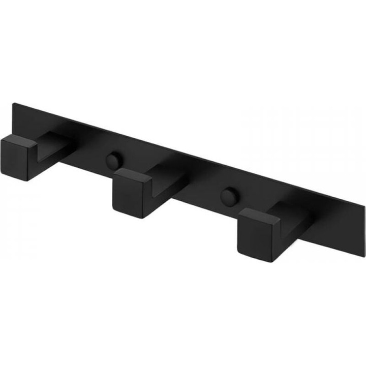 Cuier de perete baie, aluminiu negru mat, 3 carlige, 25.7x3.5cm