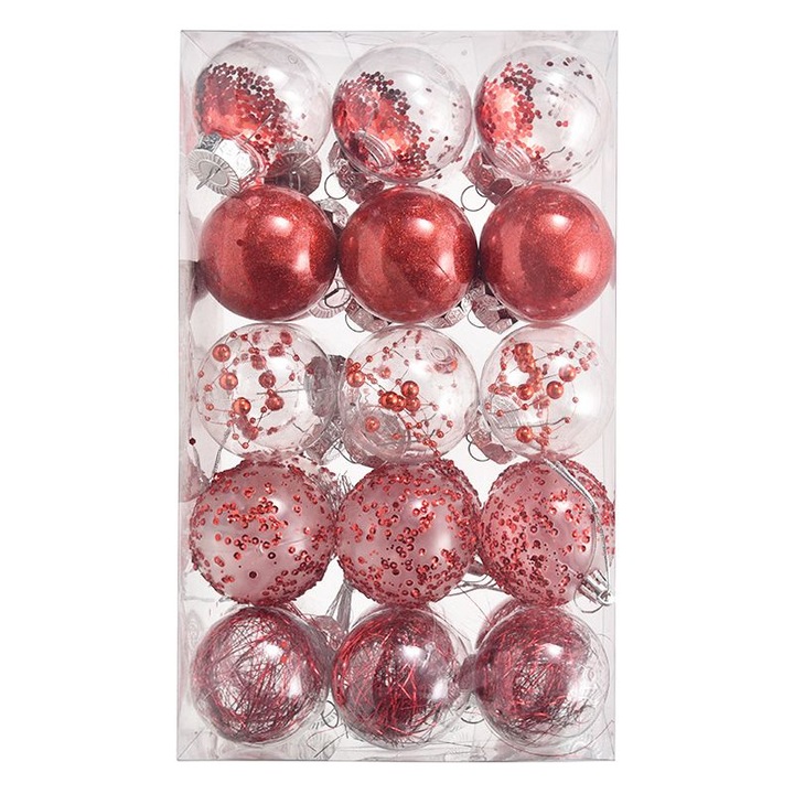 30 db karácsonyi gömb szett, 5 modell, műanyag, többszínű, 6cm