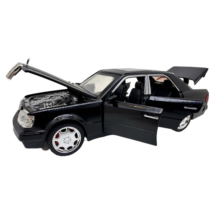 Mercedes-Benz E500 AMG W124 fekete modellautó 1:28 fém replika fényekkel és hangokkal, működő ajtók, motorháztető, csomagtartó