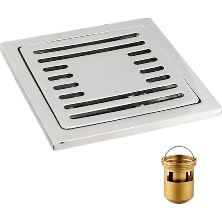 Scurgere pardoseala patrata inox 100x100mm, rezistenta la miros, pentru baie si exterior