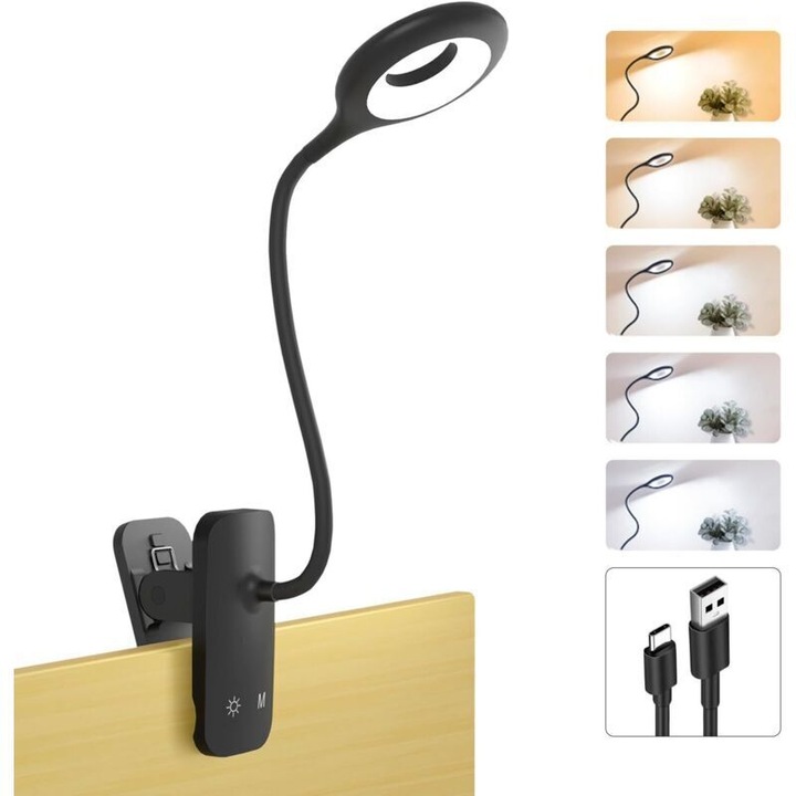 Lampa de citit cu clema, lampa clip-on reincarcabila, baterie 1800 mAh, incarcare USB-C, 5 moduri si 5 niveluri de luminozitate, gat flexibil 360°, clema robusta cu pad siliconic pentru suprafete pana la 6 cm, compatibila cu rame metalice, negru