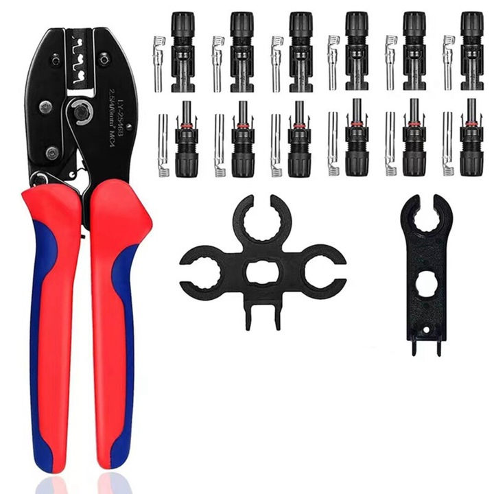 Kit sertizare cabluri PV Pocket 2, cleste de sertizare pentru conectori MC4 si cheie, sertizare ferma, din otel-carbon cu manere TPR, resetare automata, portabil, Multicolor, 1 set