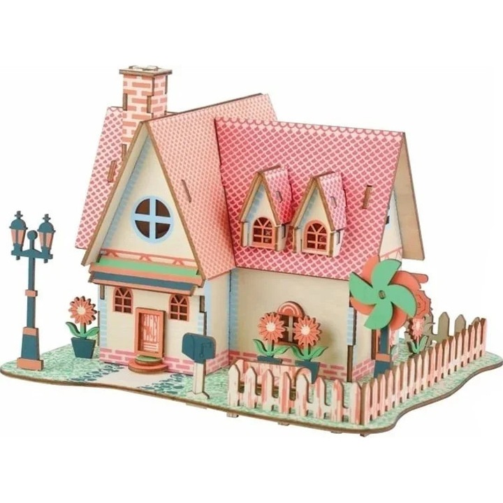 Casuta puzzle 3d din lemn, kit de constructie educational pentru copii, 73 piese, E-Toy®